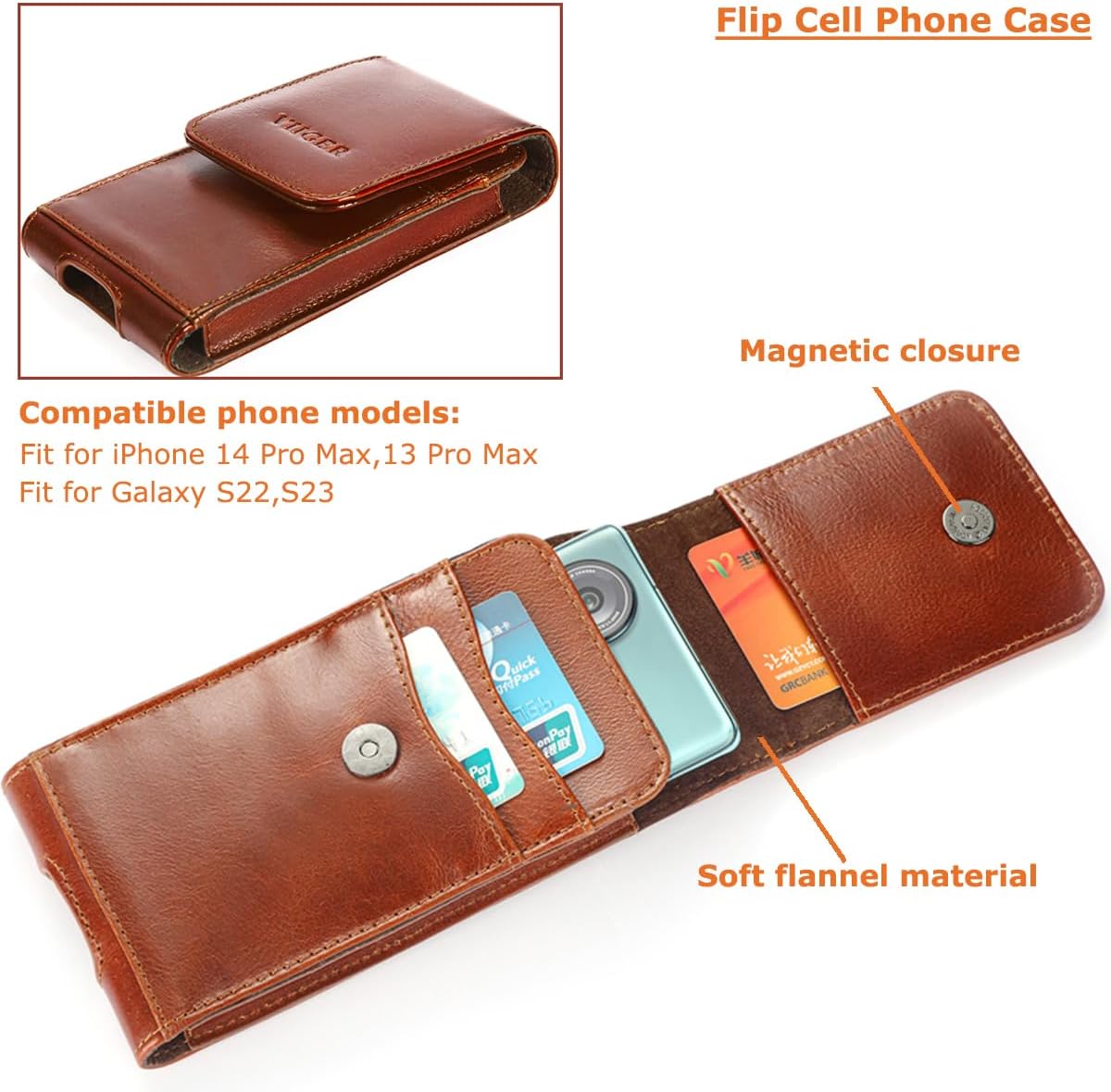 Genuine Leather Cell Phone Holster w/Magnetic Cover Belt Clip Pouch Compatible for iPhone 14 Pro Max, 13 Pro Max, 12 Pro Max with Phone Case On, Credit Card Slot Holder Belt Loop for S22 Ultra, Brown