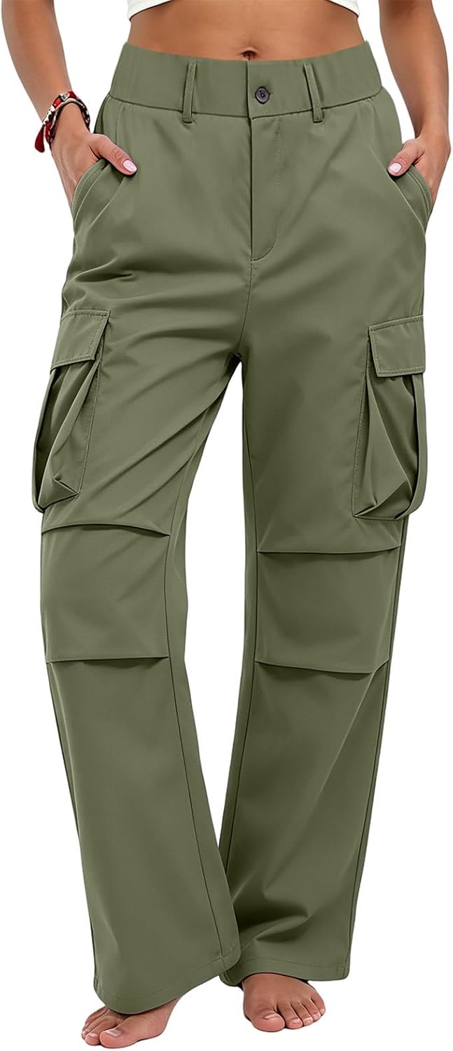 Womens High Waisted Cargo Pants Elastic Waist Wide Leg Utility Trousers Trendy Casual Street Pants with Pockets