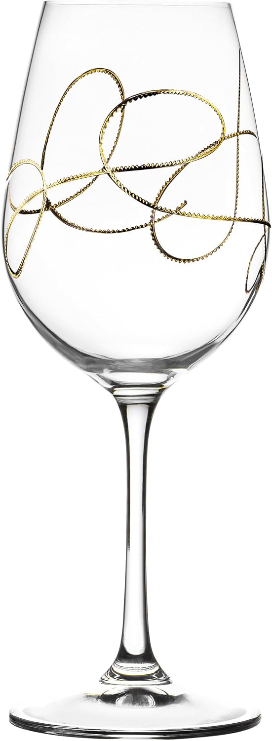 Barski Wine Glass, Goblet, Crystal Glass, Set of 2 Glasses, with Gold String Design, Made in Europe, 14 oz.