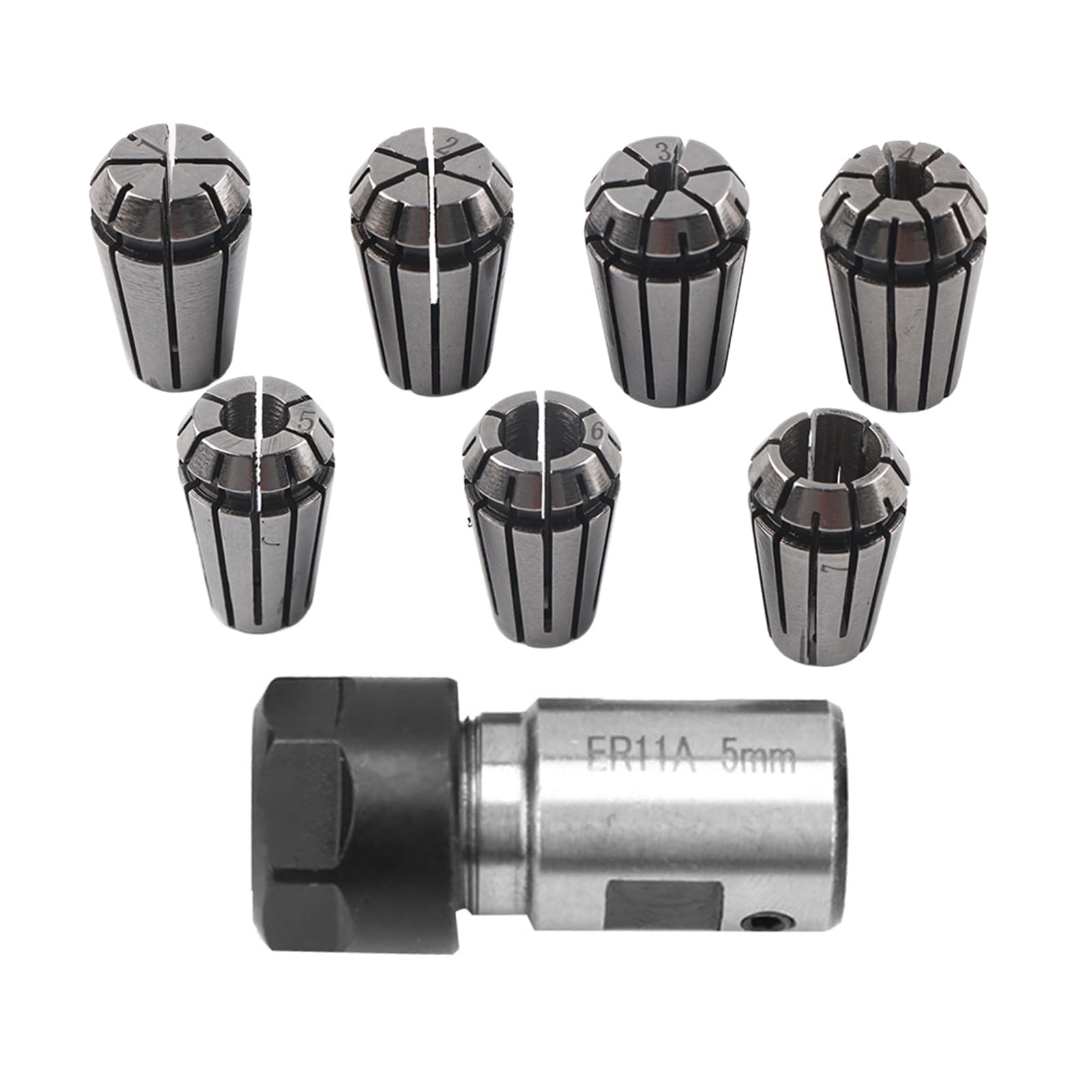 Chazcool 7PCS ER11 Collet Set, 1-7mm Spring Collet Set with 5mm Motor Shaft Holder Milling Extension Rod for CNC Engraving Machine and Milling Lathe