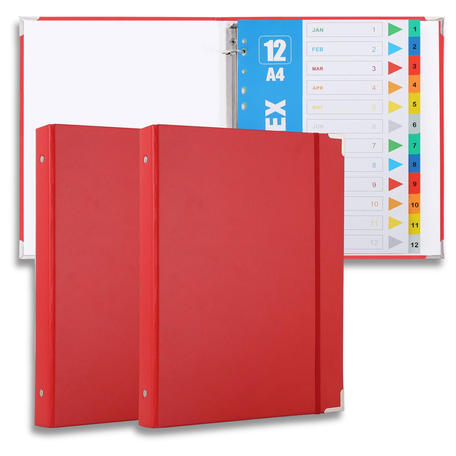 2 Pack A4 3 Ring Binder, 1 Inch Round Rings Binder with 12 Tab Dividers and Closure Strap, Metal Corner Protectors, Sturdy Organizer for School, Office, Women - Compatible with A4, Letter Size Paper