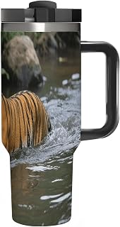 Stainless Steel 40oz Tumbler Travel Mugs, Tiger Swimming | Double Vacuum Insulated Tumbler with Straw with Handle and Straw Lid,Water Bottle for Iced Tea,Coffee,Cold Beverages