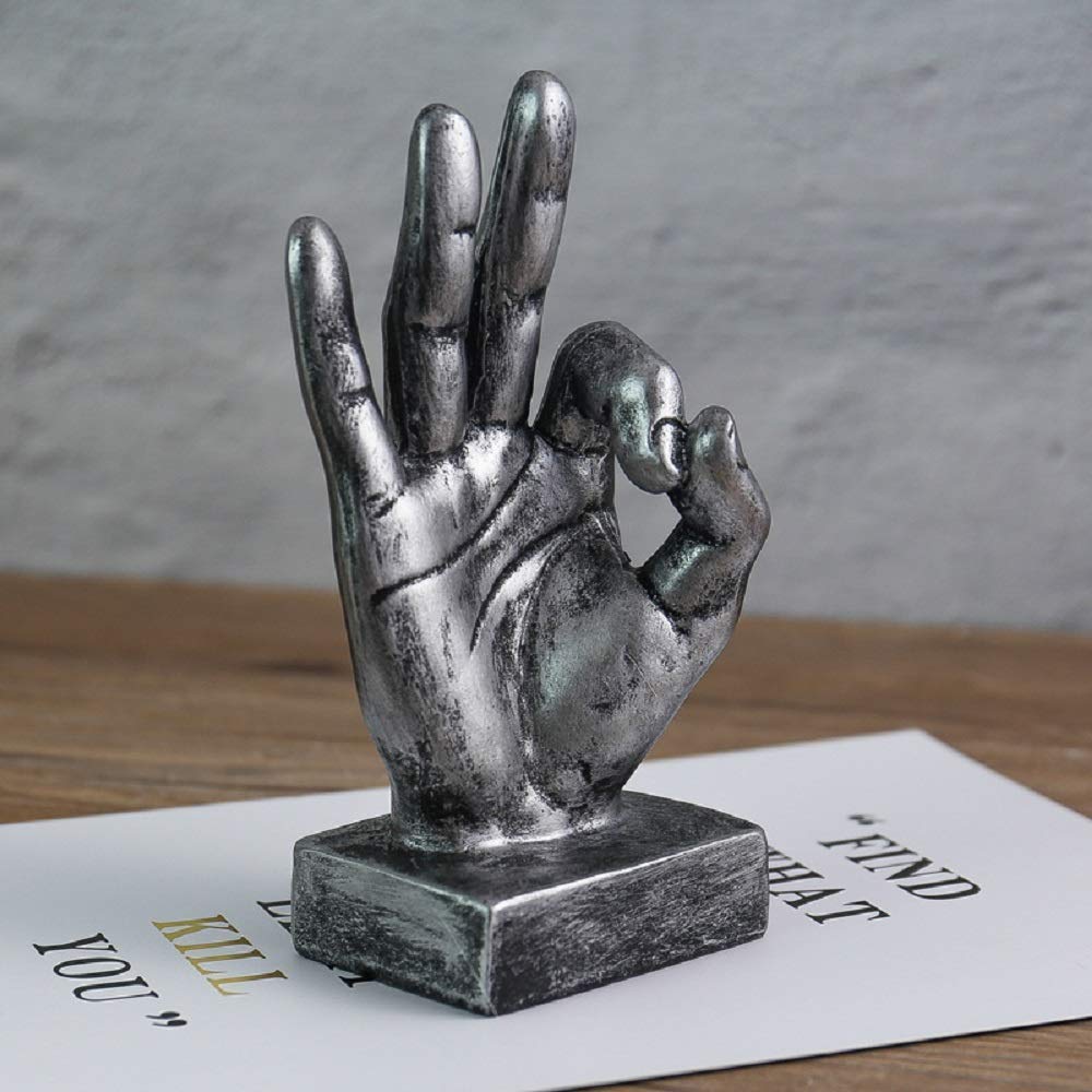 LEPENDOR Main Sculpture Décor Doigt Statue Résine Bureau Décorations pour la Maison - Argent, Ok Les Doigts