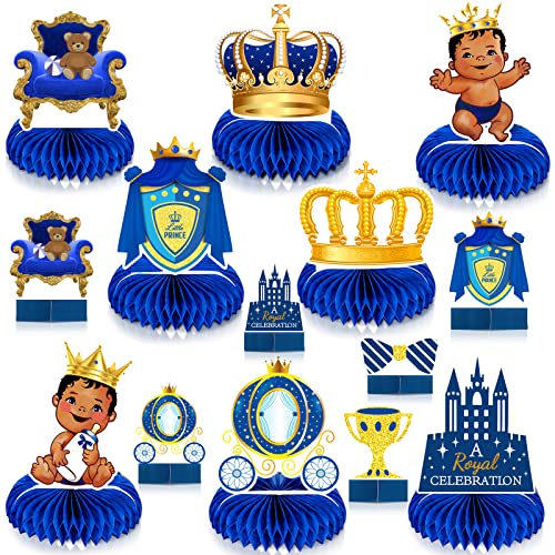 Pajean 14 Pieces Royal Prince Themed Honeycomb Centerpiece Blue Little Table Decoration African American Prince Birthday Baby Shower for Boy Kids Party Supplies