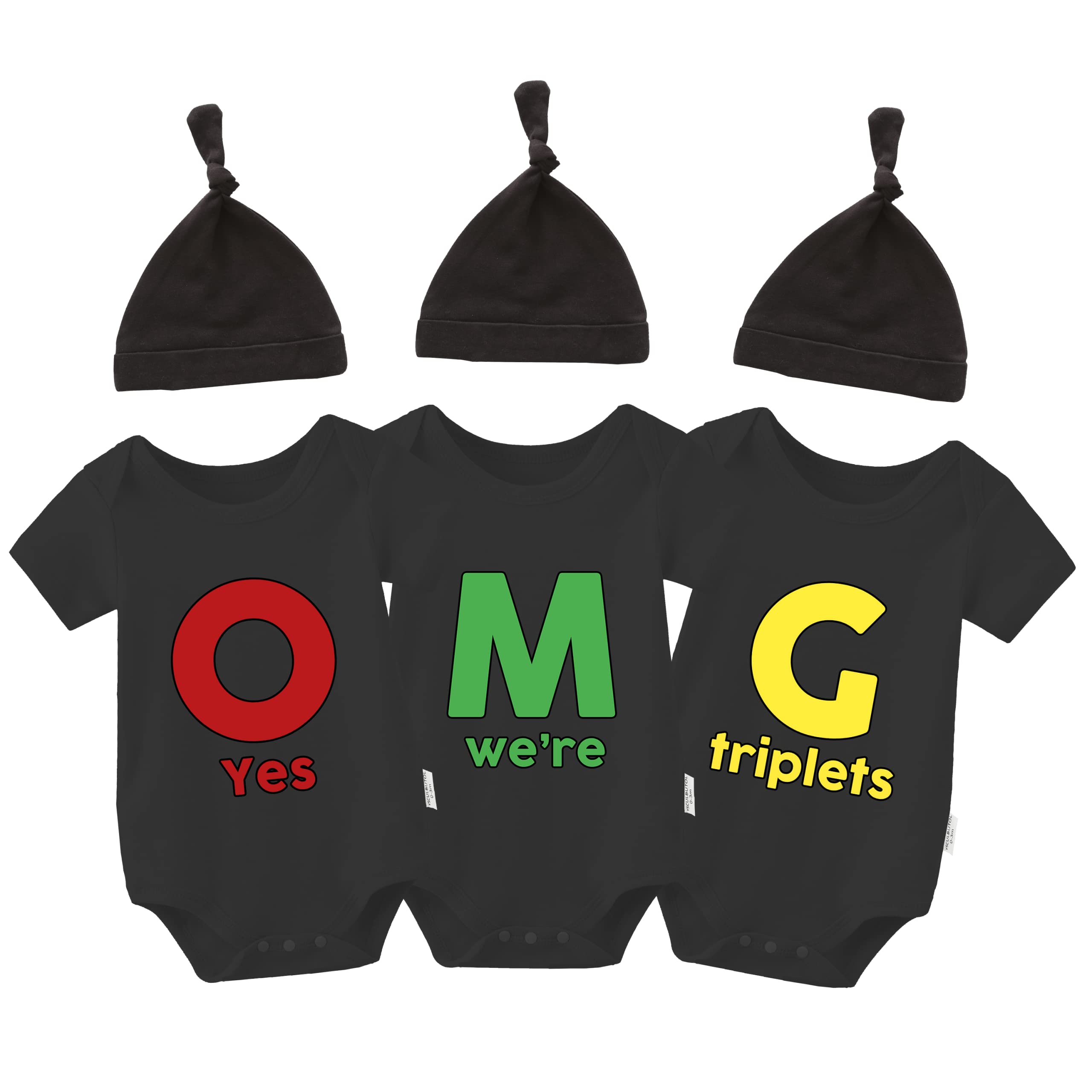 YSCULBUTOL Baby Triplets Bodysuits Omg Cute Outfit Infant Triplets Funny Hat bodysuit Set