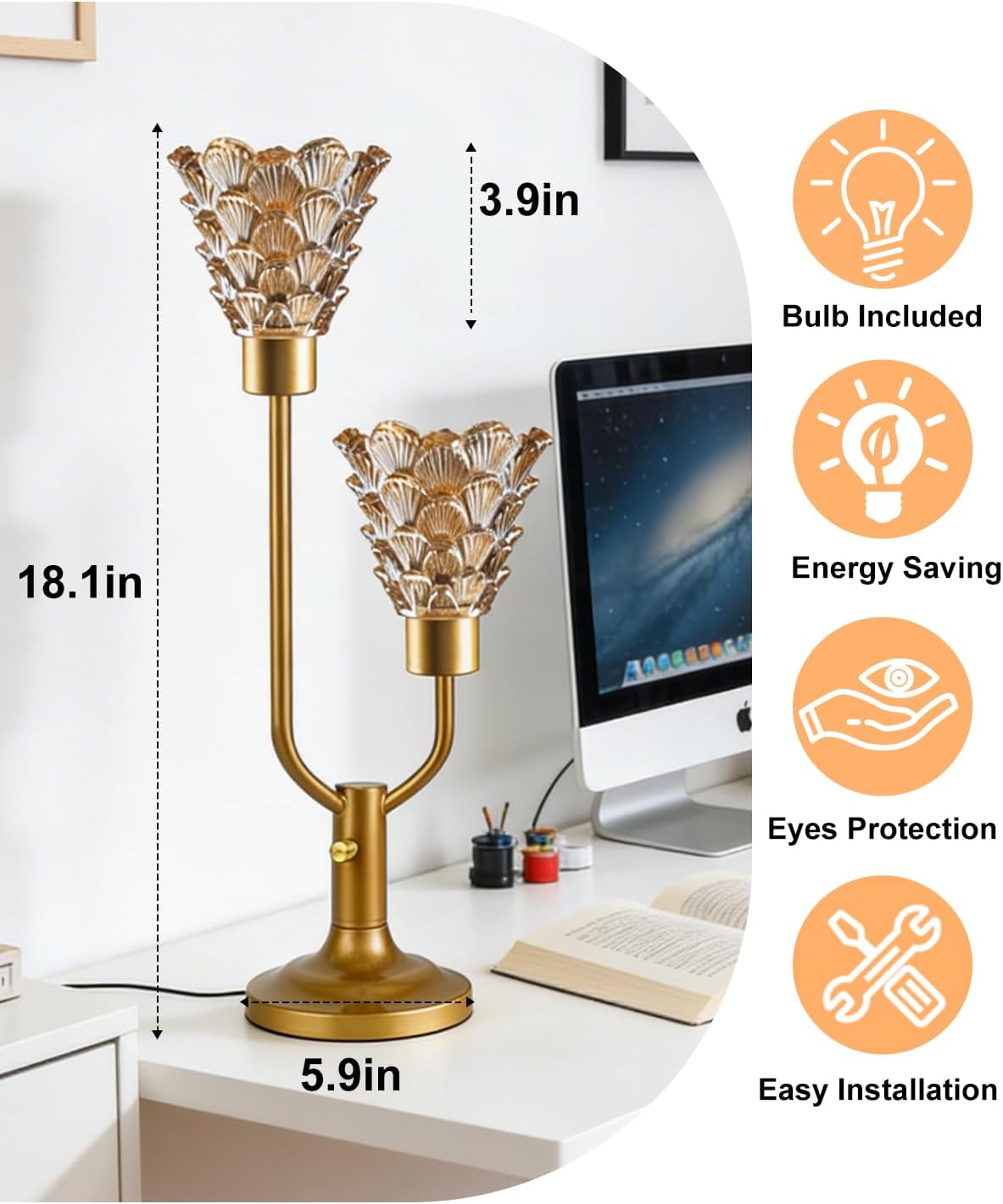 Lightdot Mid Century Modern Glass Table Lamp Dimmable Gold Flower Desk Lamp with Thickened Amber Glass Shades 2 Bulbs Included 3000K Warmwhite Ambience Nightstand Lamp for Bedroom Bedside Living Room