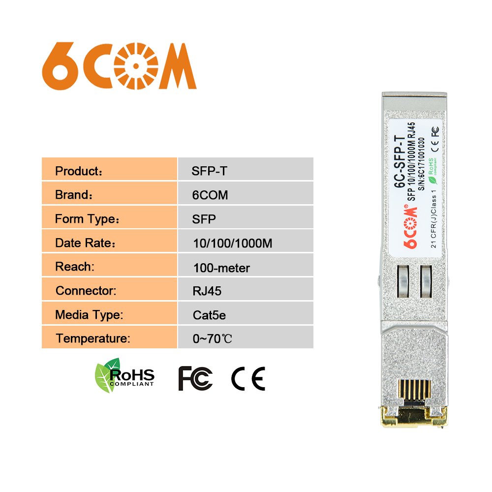 6COM 10/100/1000BASE-T Module Gigabit SFP Copper RJ45 Transceiver for Ubiquiti