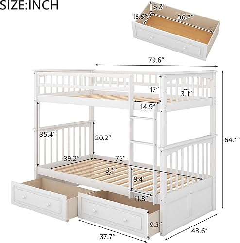 Miniatura 2 de Litera de madera individual sobre individual con 2 cajones de almacenamiento y escalera y barandilla de seguridad litera convertible litera