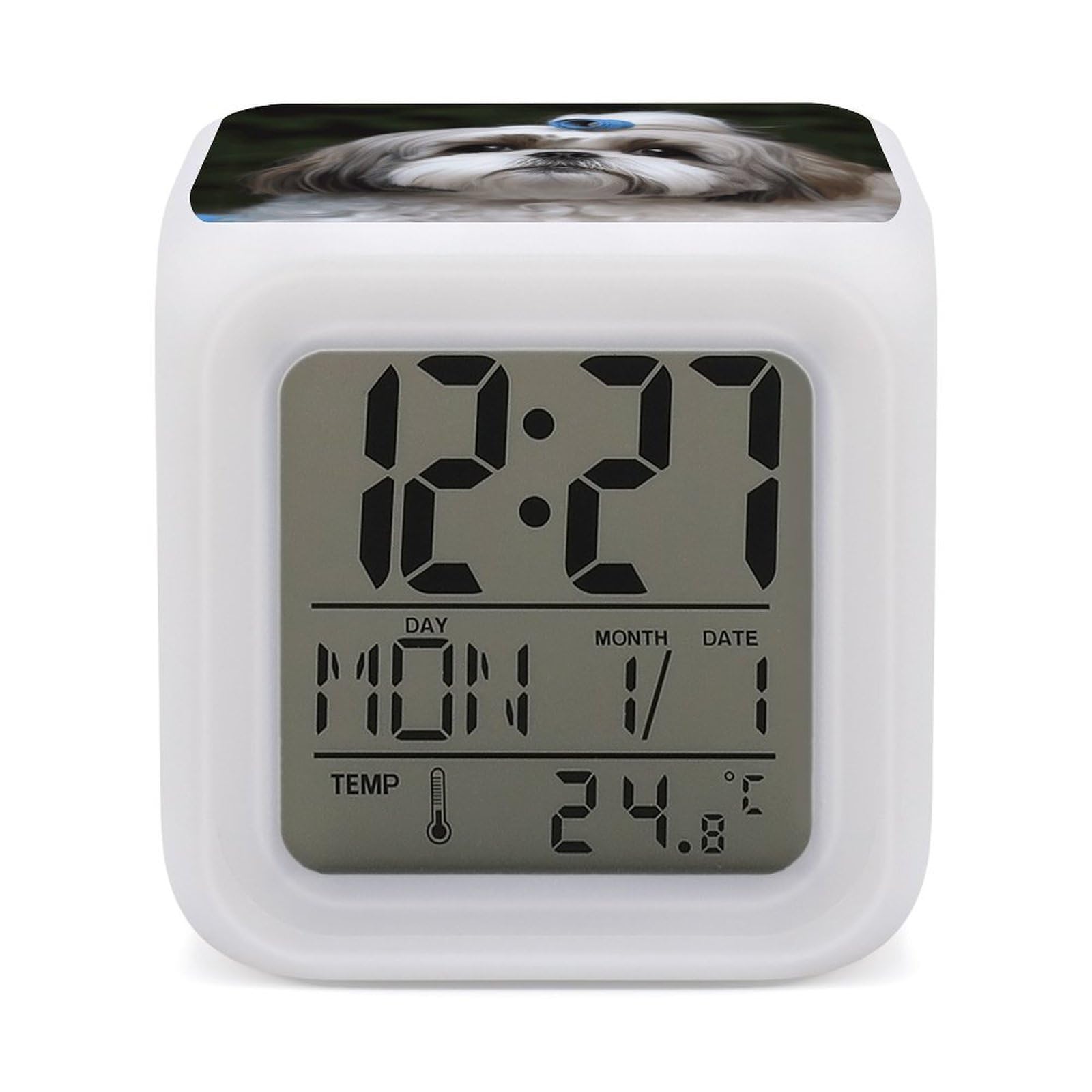 VstaDank Shih Tzu Dog Digital Alarm Clock LED Display Screen Color Change Alarms Clock Smart Alarm Clock Wake Up Digital Clocks with 7 Color Nightlight for Bedroom