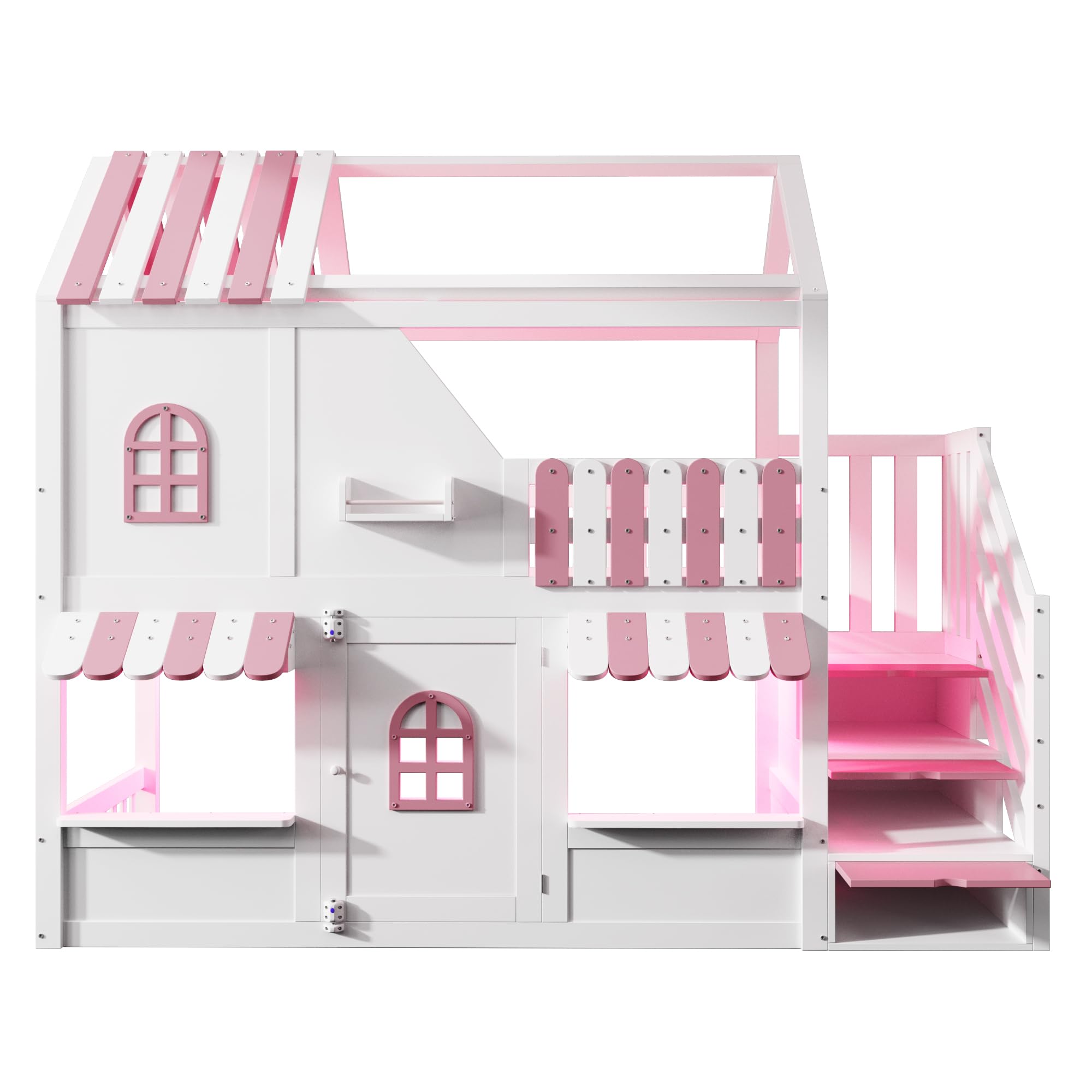 Kinder Etagenbett 90x200 cm, Hausförmiges Design mit Dach, Fenstern und Tür, Stauraumtreppe, LE/D Rendering und Regalen, Sichere Geländer und Holzgestell, ohne Matratze (Weiß + Rosa)