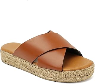 VANDIMI 女士凉鞋帆布厚底凉鞋草形坡跟交叉踝带露趾鞋夏季休闲露趾中跟平底运动鞋