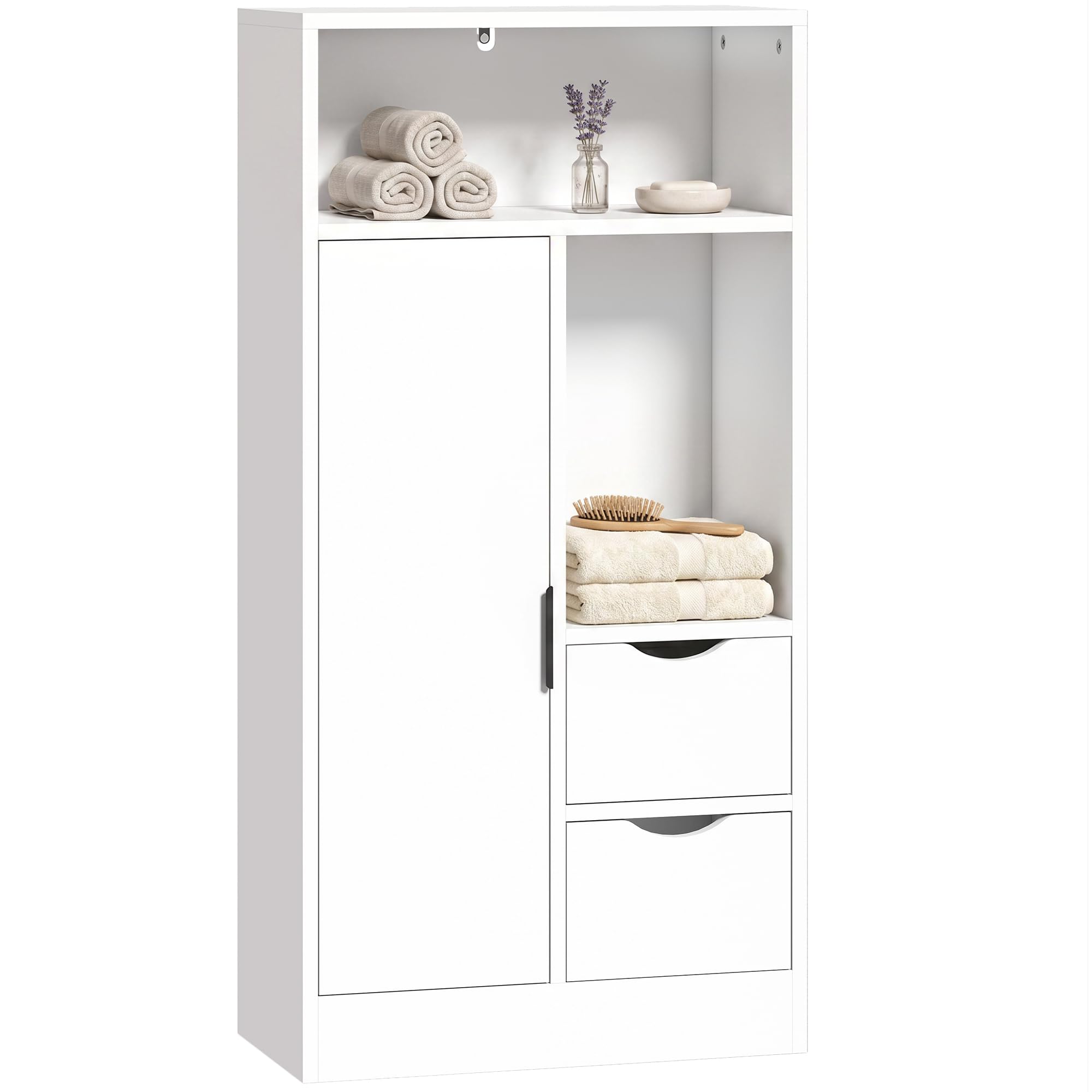 HOMCOM Mobiletto Bagno Salvaspazio Slim 50x25x100 cm Bianco | Mobile Bagno con 2 Cassetti, Ripiani Regolabili a 3 Livelli e Armadietto, Stile Nordico