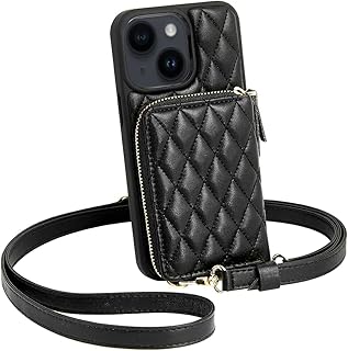 LAMEEKU Compatible with iPhone Wallet Case with Card Holder, Quilted Leather Zipper Crossbody Case, Card Slots Case Wrist ...