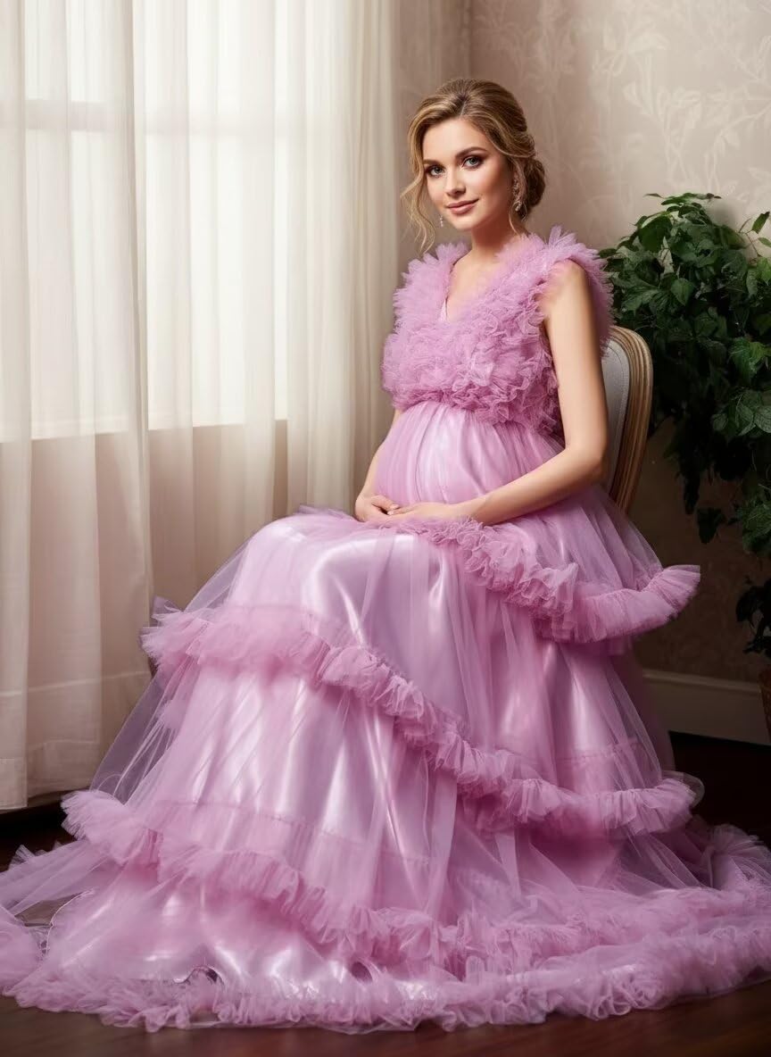 Tiered Ruffles Maternity Dress for Photoshoot Puffy Tulle Pregnancy Gown V Neck Long Postpartum Formal Dresses LR19