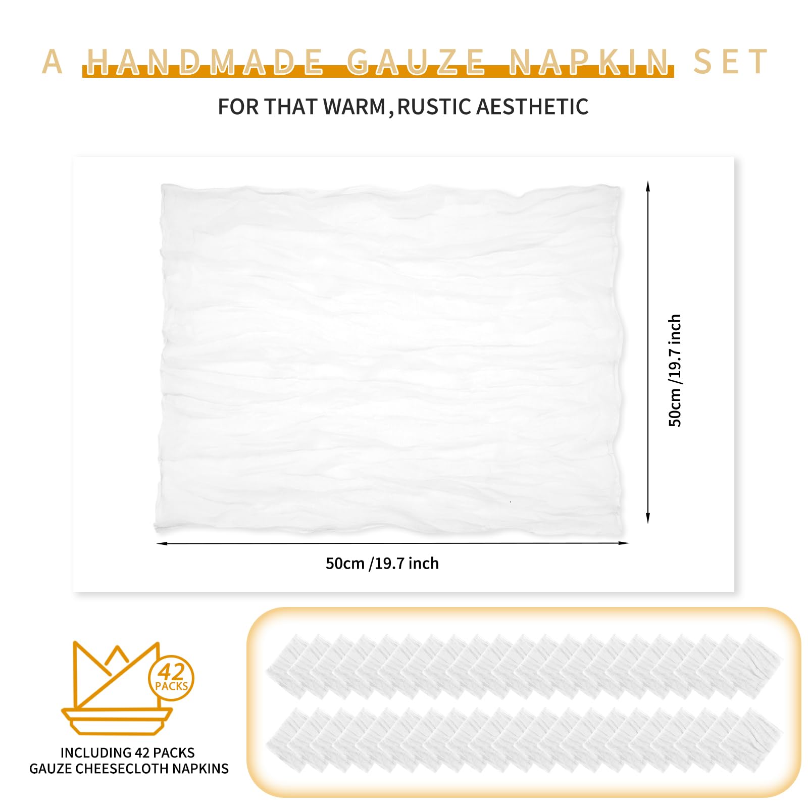 Teruntrue 42 Paquetes Servilletas de Gasa Blancas Arrugadas para Cena, 50x50 cm, Estilo Rústico Boho, Suaves, para Bodas y Fiestas