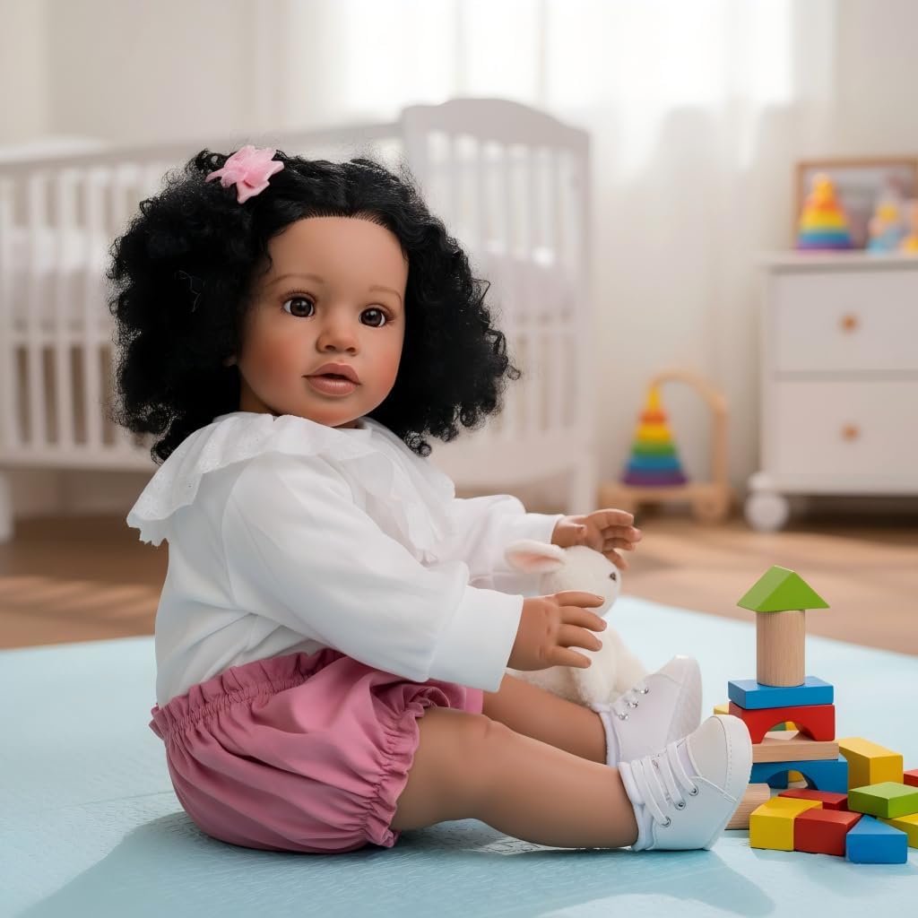 Pinky Lifelike Black Reborn Baby Dolls 26 Inch 68cm Baby Soft Body Realistic Newborn Baby Doll with Hair African American Real Life Baby Dolls Cloth Body Toy for Kids Age 3+