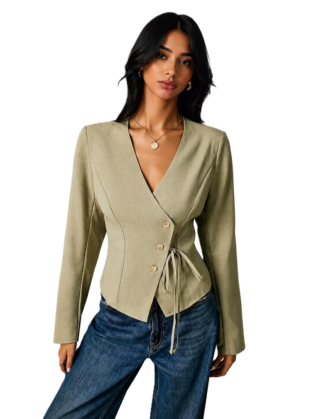 zurity Women's Tops | Casual Wrap V Neck Top | Long Sleeve Textured Side Tie Shirt | Elegant Slim Fit Crossover Tunic | Stylish Office Wear & Trendy Streetwear Apparel(38-K-1-4)-picture-21