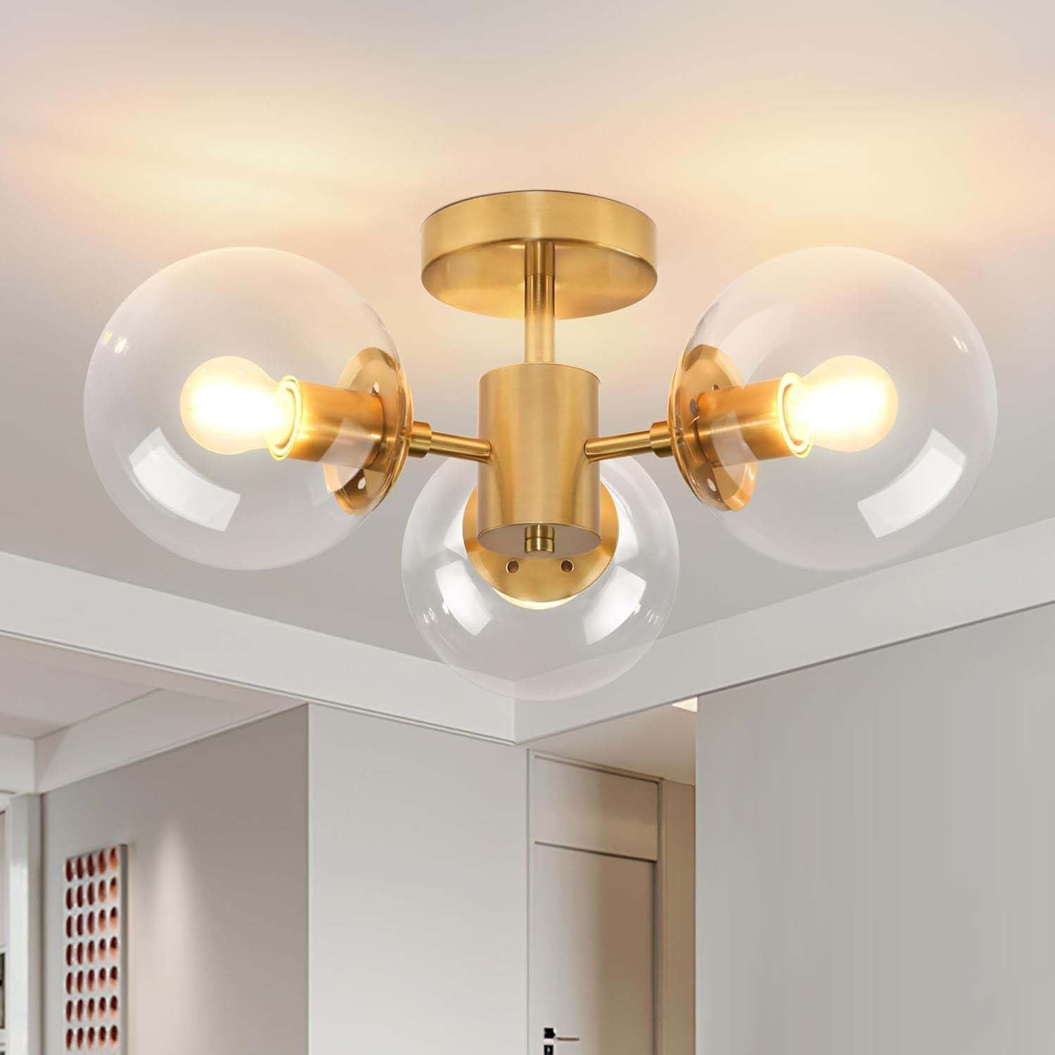 Modern Semi-Flush Mount Ceiling Light, Gold Brass Finish with Clear Glass Globe Shades, 3-Light Fixture, 19x8 Inch, E27 Base-picture-12