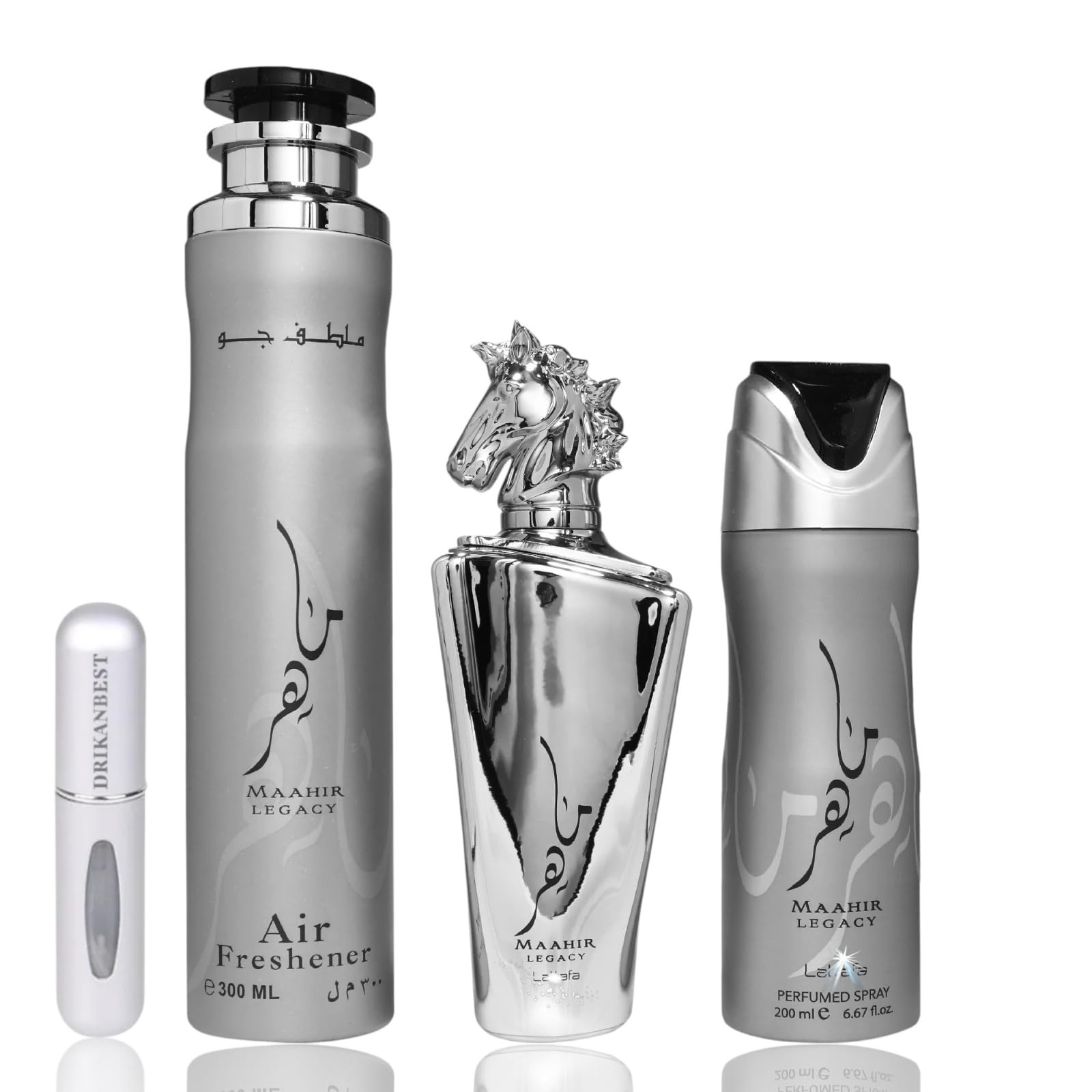 Set Maahir Legacy 3 Piezas – Perfume 100ml + Desodorante 200ml + Ambientador 300ml | Aroma Elegante y Duradero + Regalo Atomizador Recargable Drikanbest 5ml