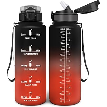 Drinking Bottle 1500 ml Leak-Proof BPA-Free Motivational with Time Marking Drinking Bottle with Straw Black & Red