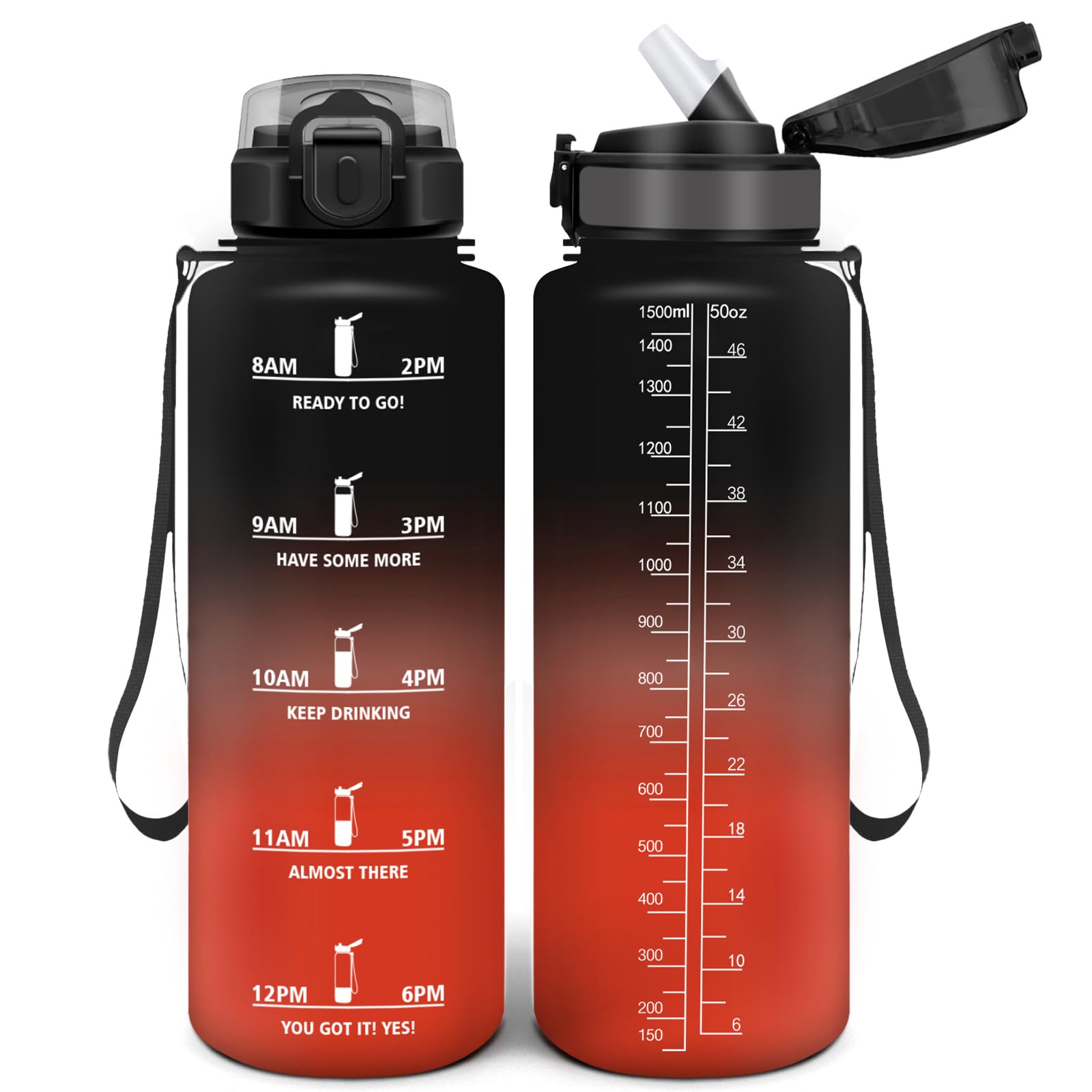 Motswedi Drinking Bottle 1500 ml, Leak-Proof, BPA-Free, Motivational with Time Marking, Drinking Bottle with Straw, Black & Red