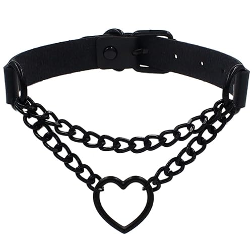 Anuoli Love Heart Choker Collar Necklace, Adjustable Leather Punk PU Necklace Goth Choker Soft Collar Chain for Women - Black