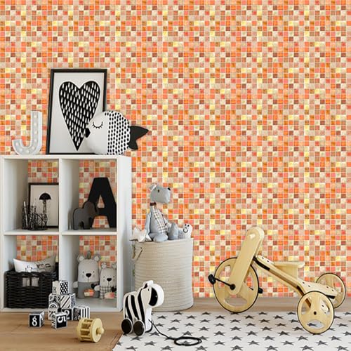 Baldosas Adhesivas Mosaico Naranja Y Amarillo Suelo Vinilo Autoadhesivo Vinilo Impermeables Panel Revestimiento Ducha para Baño Cocina Gabinete Muebles Decoración Azulejos Adhesivos 20x20cm /10 Piezas
