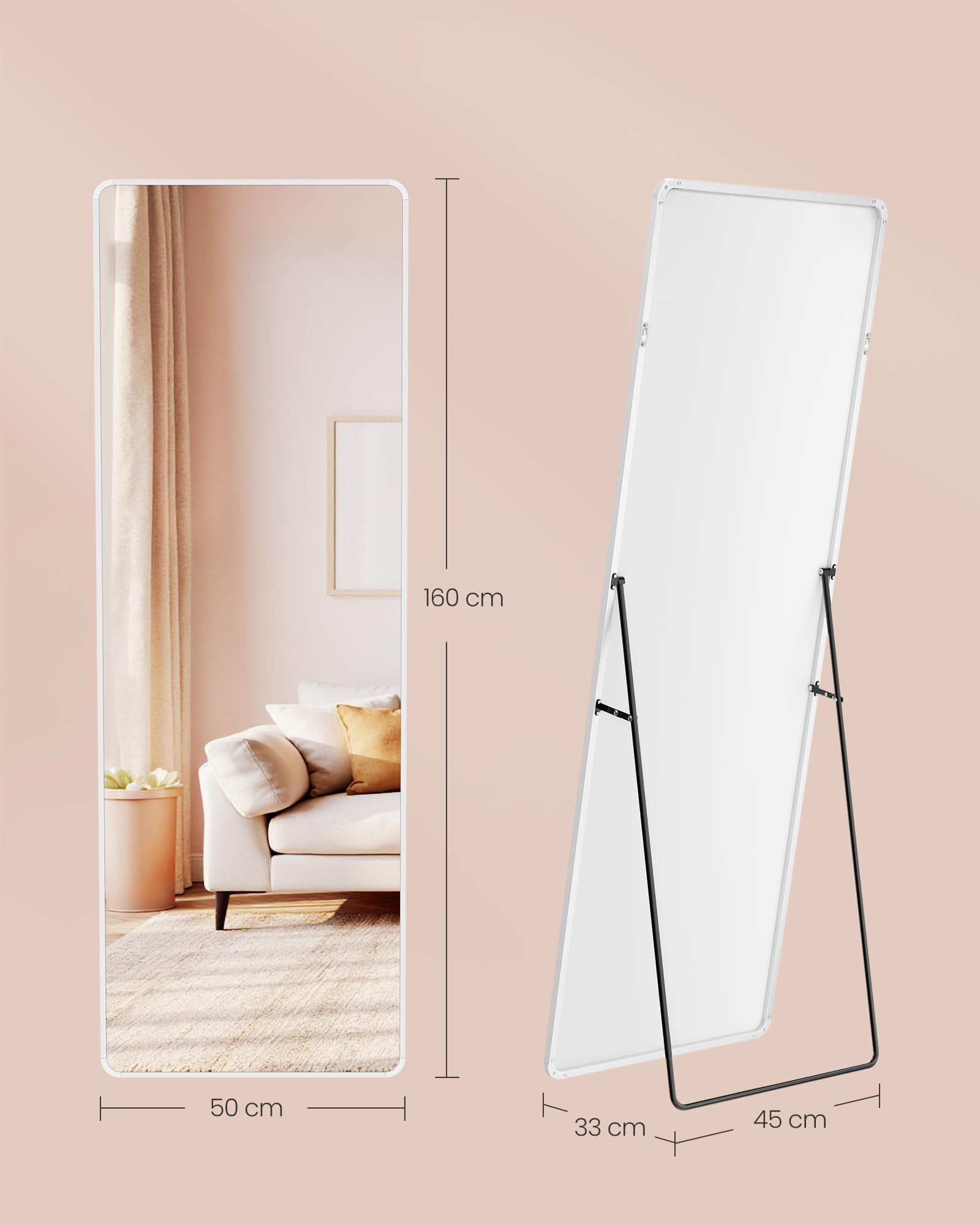 SONGMICS Espejo de Cuerpo Entero, 160 x 50 cm, Espejo de Pie Rectangular con Soporte, con Marco de Aleación de Aluminio, Cristal Templado, para Dormitorio, Salón, Vestuario, Blanco Mate LFM030WC01