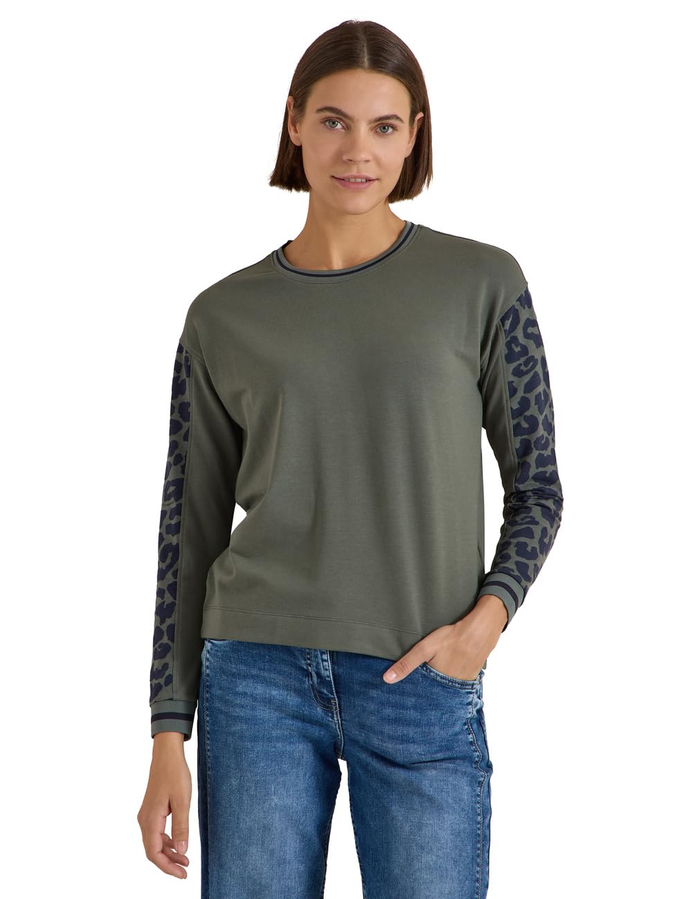 Cecil Long Sleeve Shirt with Crew Neck and Leo Details Dried Olive Green XXL