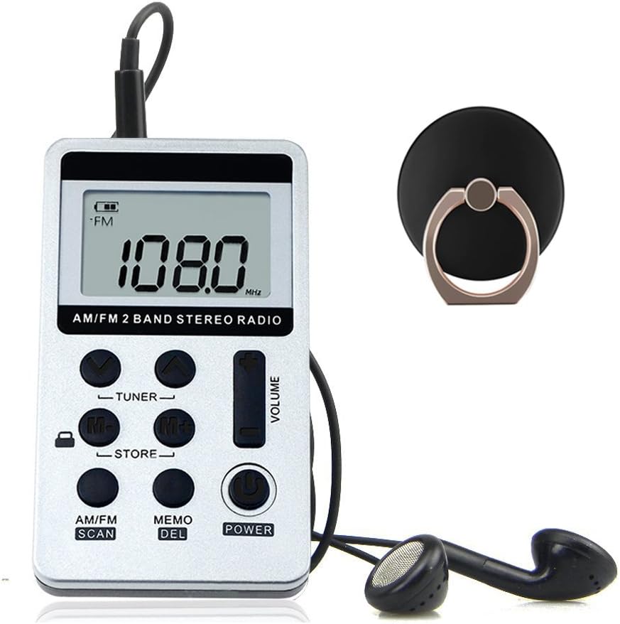 AM FM Radio,Mini Portable Pocket Radio Receiver with Ring Stand Holder and Earphone,Rechargeable Battery for Outdoor and Home(Silver)