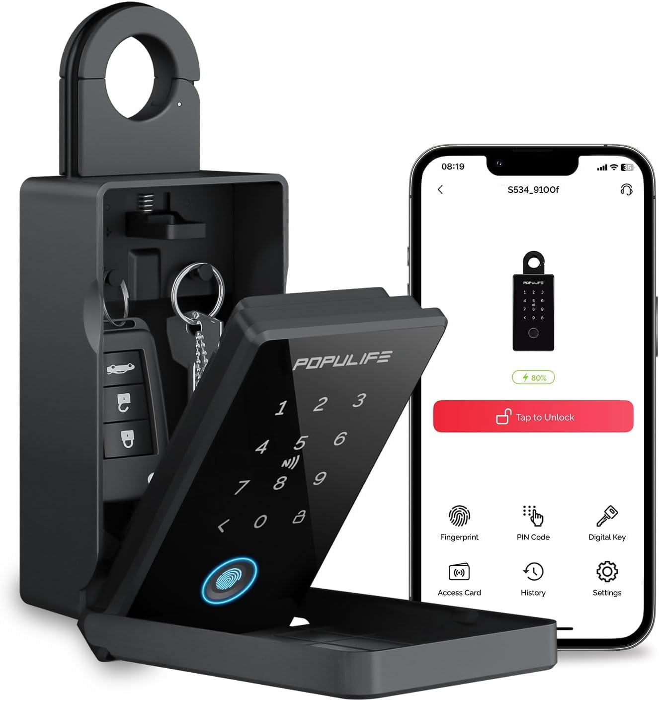Populife Fingerprint Key Lock Box with Code, Smart Key Safe for Outside, Wireless Remote Access Key Box for Home, Office & Realtor Airbnb, Work Offline, Waterproof-image-43