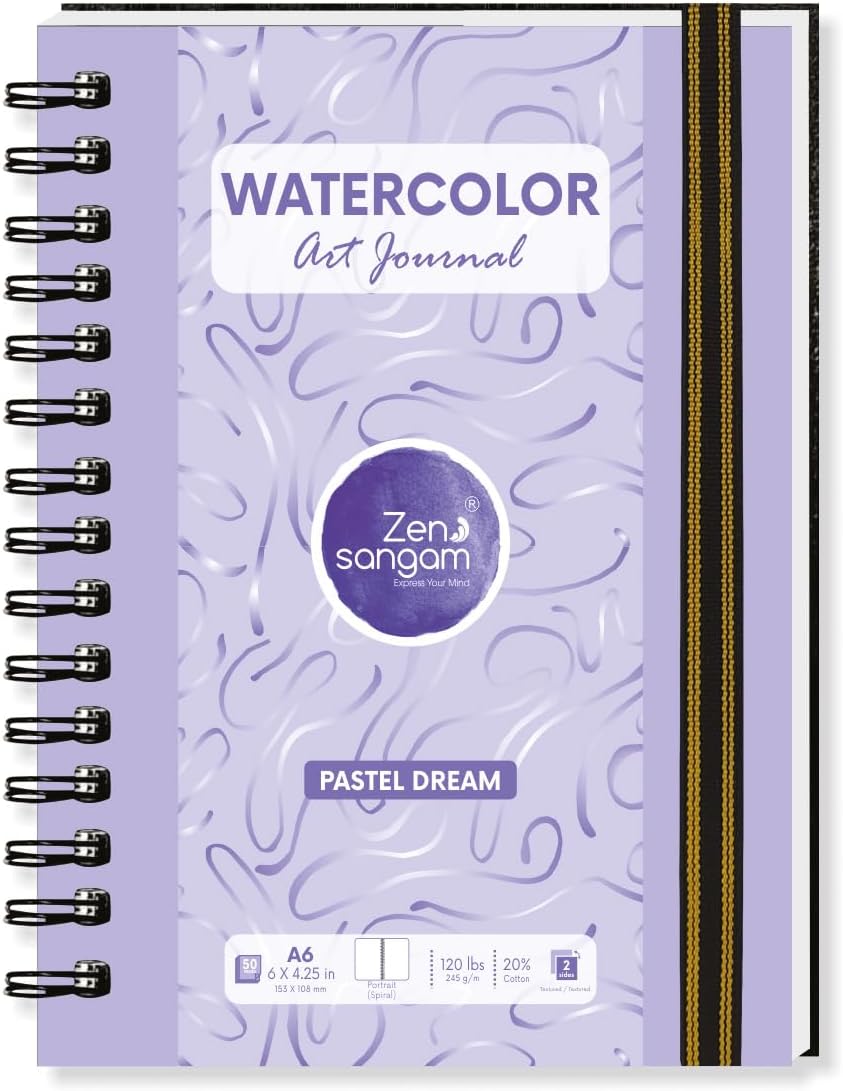 Zen SANGAM A6 Spiral Watercolor Journal | 245 GSM 20% Cotton Cold Pressed | 25 Sheets (50 Pages) | Durable Portrait Sketchbook for Artists & Professionals | Acid-Free | 10.5x14.8cm | Pastel Purple