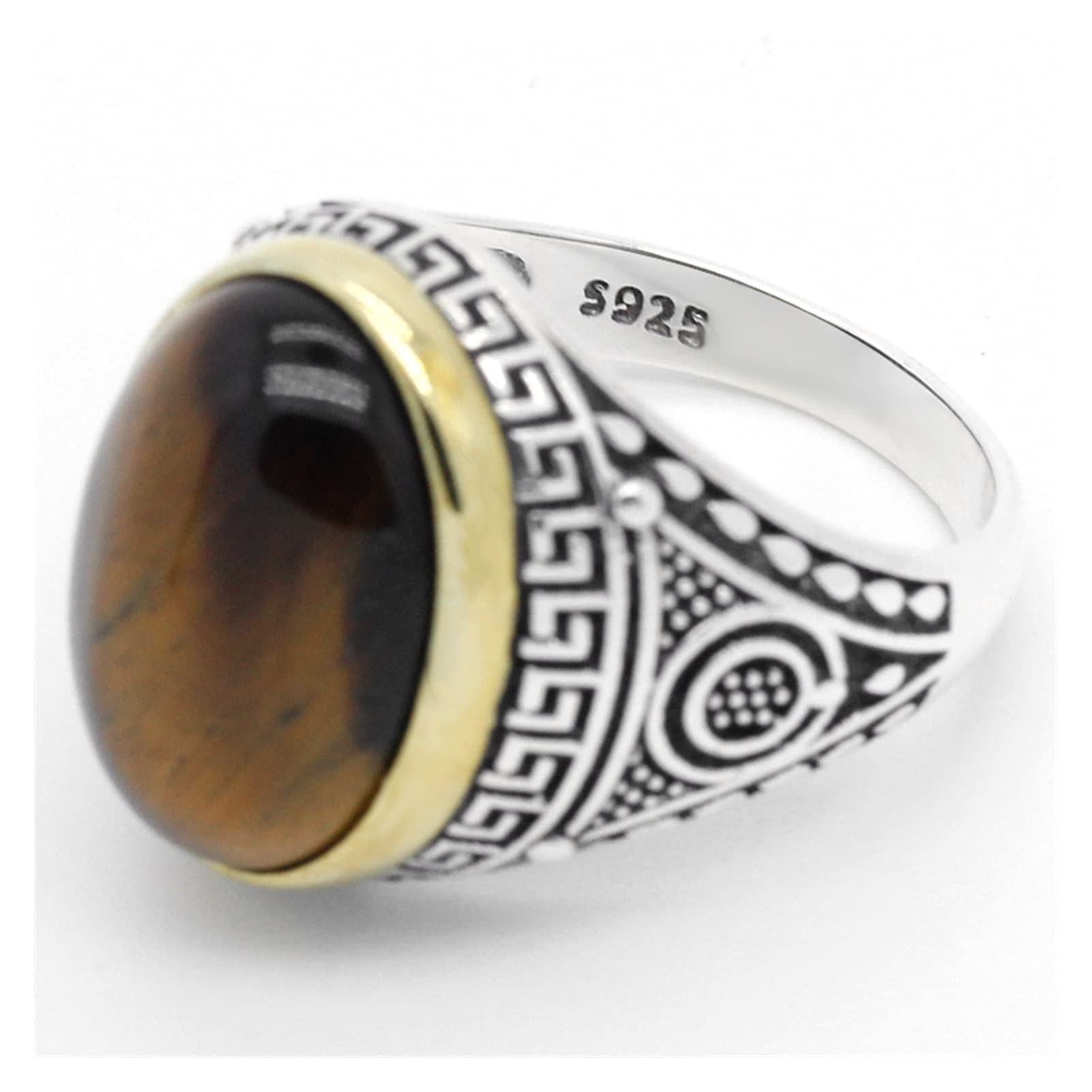 HMJGDHX Herrenringe, antiker Vintage-Ring mit natürlichem Tigerauge-Stein für Männer, großer ovaler Steinring aus 925er Silber für Männer, feiner Silberschmuck aus der Türkei