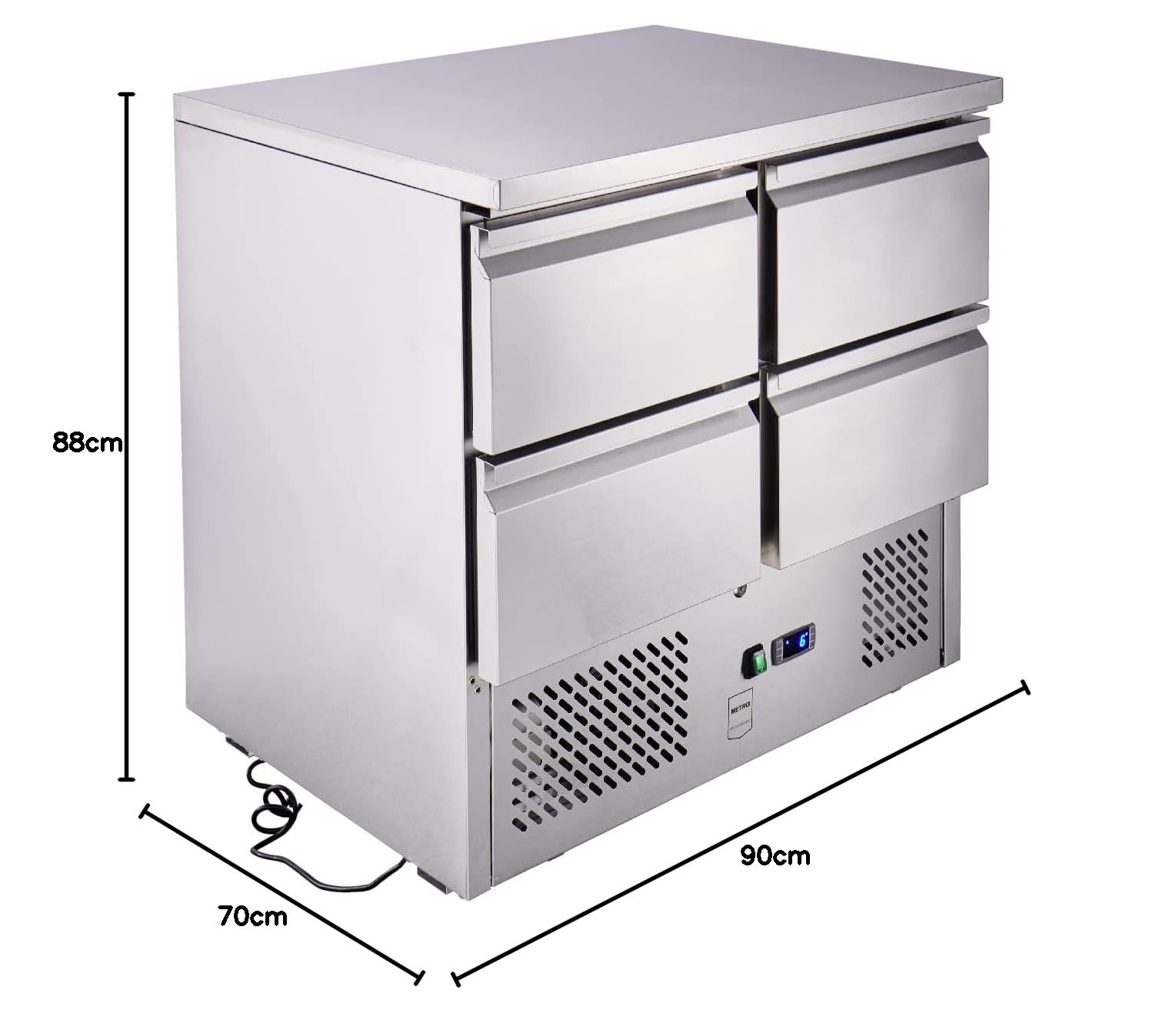 METRO Professional Banco Refrigerato GDS3600, in acciaio inox, 97 L, tavolo da lavoro, raffreddamento a ventola, con serratura, 220 W, 4 cassetti, argento