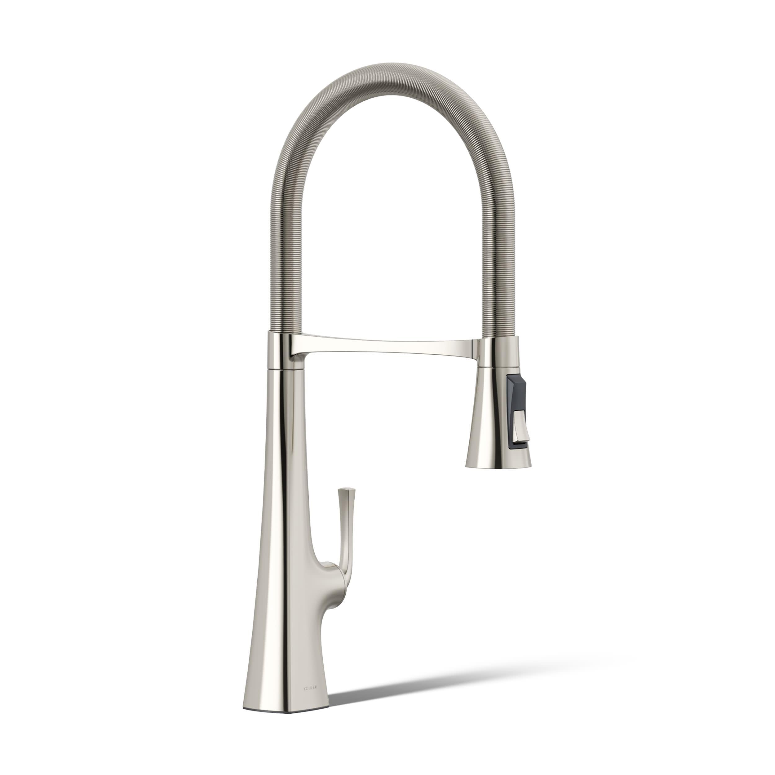Kohler 22060-SN Graze Commercial, grifo de fregadero de cocina semiprofesional de 3 funciones alto con pulverizador extraíble, níquel pulido vibrante