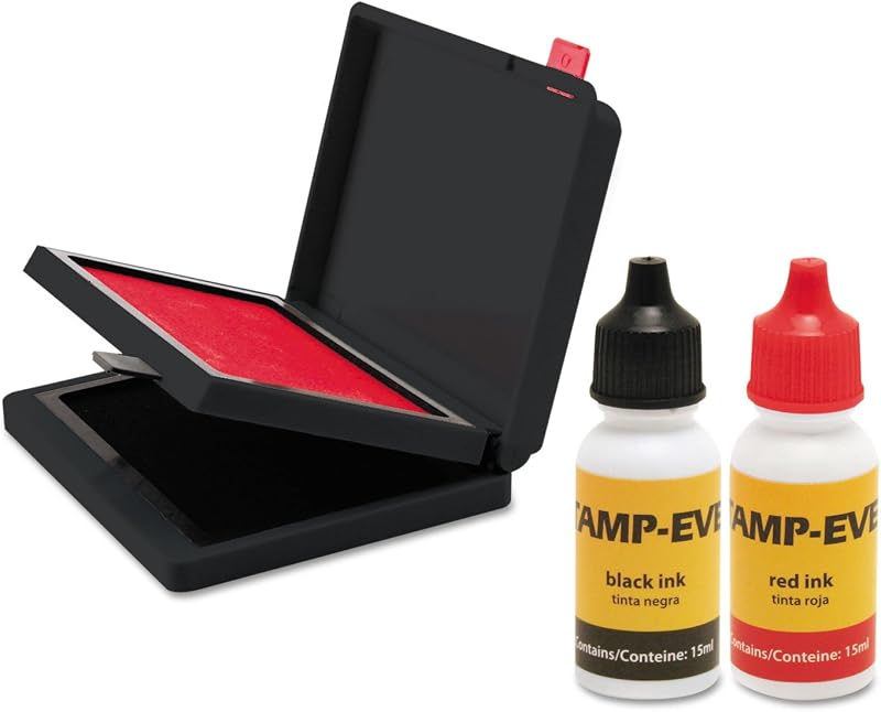 Stamp-Ever 2-Color Stamp Pad with Ink Refill, 4" x 2.38", Red/Black | Two separate pads in one case; Space-saving flip-open design; Includes two 15 ml refill bottles; One black and one red refill