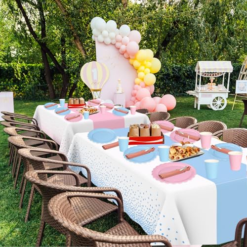 Image of WNINK 4 Pack Pink and Blue Tablecloths, Gender Reveal Disposable Plastic Waterproof Table Cover for Boy or Girl Gender Reveal Party, Baby Shower, Birthday Party Decorations 54 inch x 108 inch