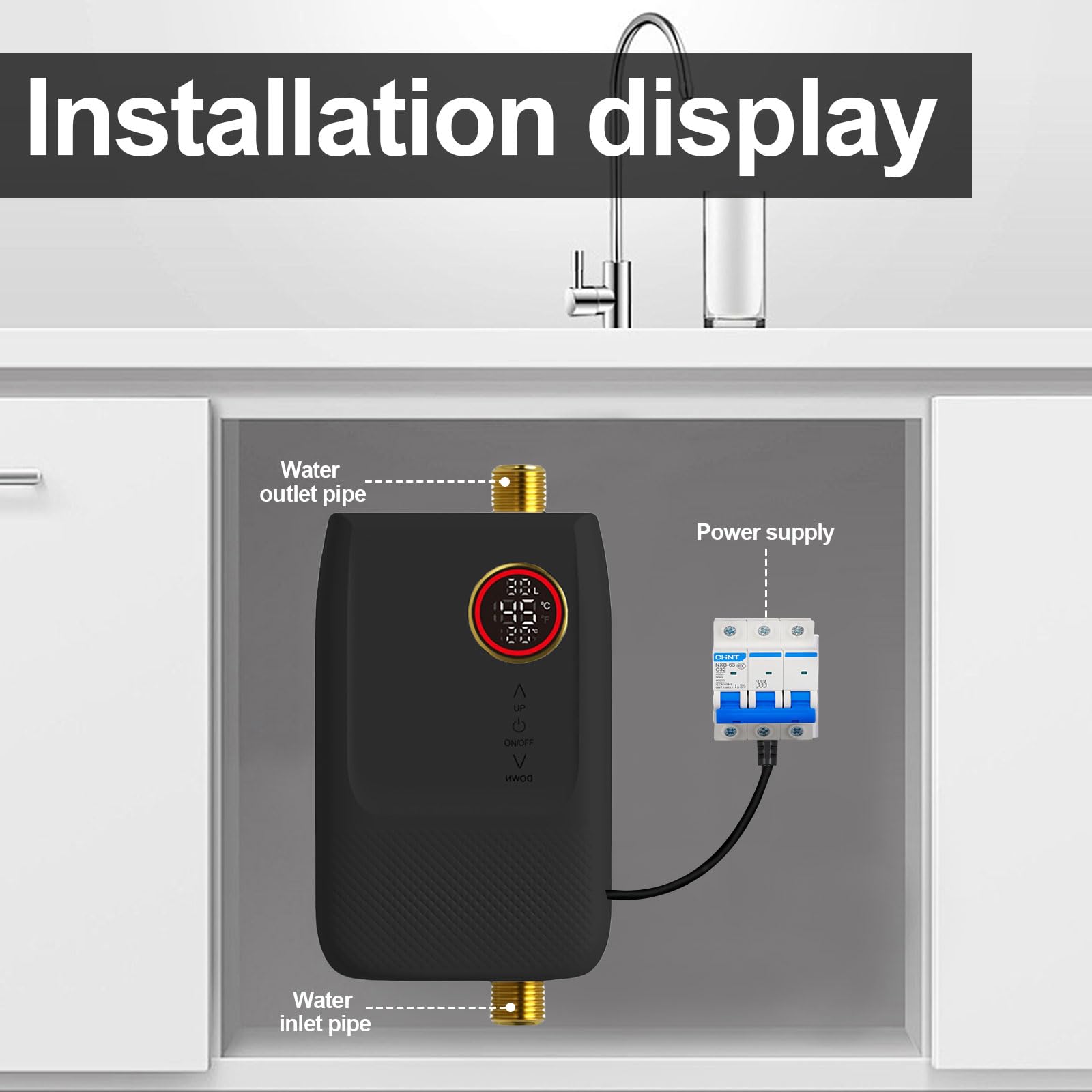 5500W 220V Chauffe-eau Instantané, Mini Chauffe Eau Instantané Electrique, Affichage LED, Température Réglable Chauffage électrique Avec écran Tactile Et Télécommande Pour RV Cuisine Salle De