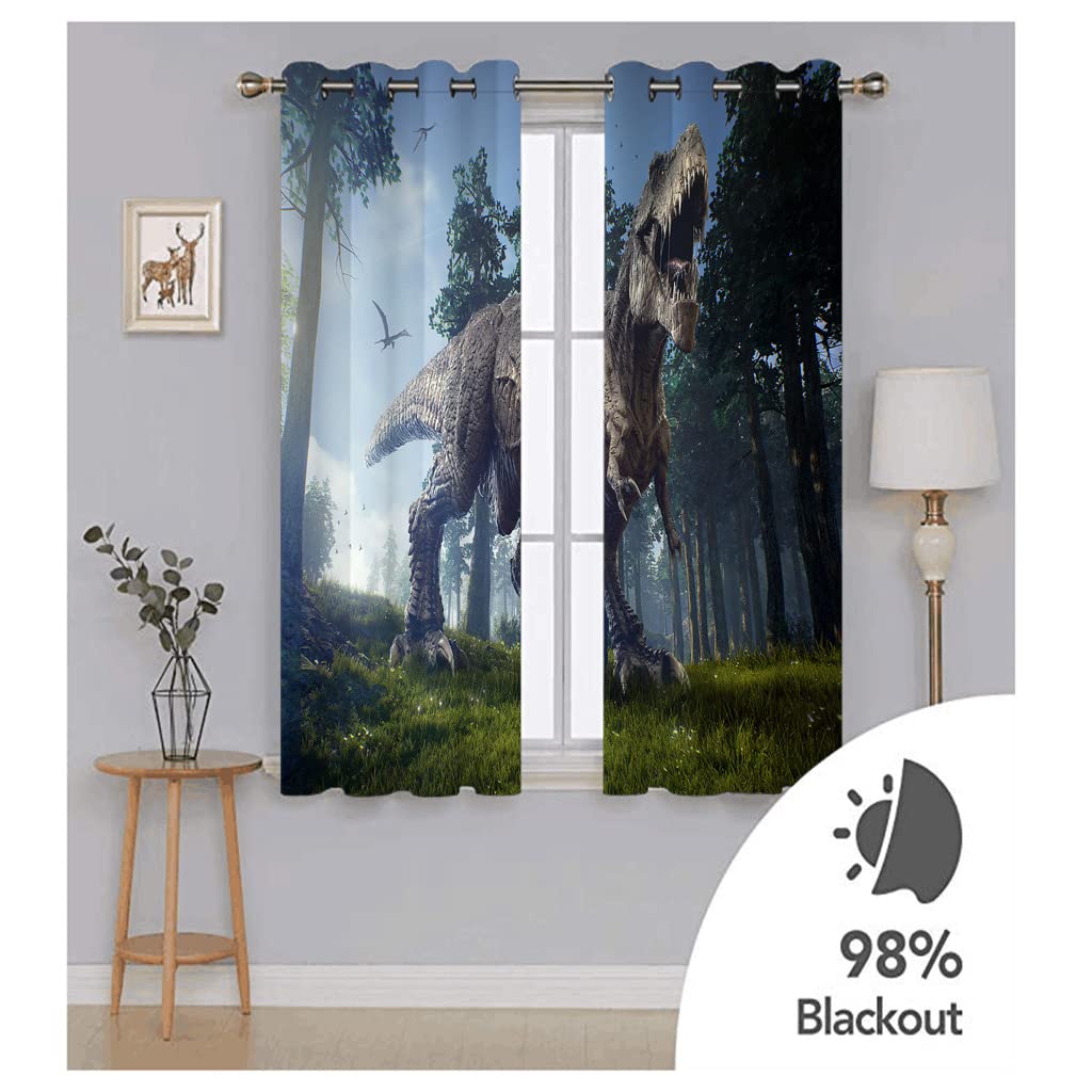Rideaux Salon Voilage Occultant Thermiques 3D Imprimés Animaux Dinosaures Rideau Salon Design Moderne Chambre Enfant Bebe Fille 280x260Cm Polyester Fenetres Occultants Isolant Lot De 2
