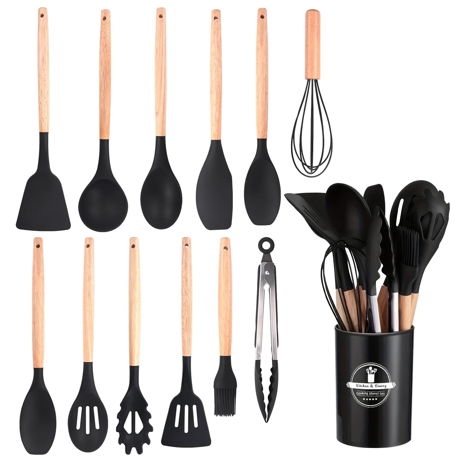 Kitchen Utensils Set, 12 PCS Silicone Cooking Utensils with Holder, Heat and Non-Stick with Wooden Handle, Cooking Stirring Tools(Black)