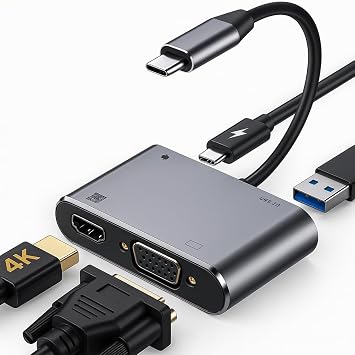 Kyrotech 4IN1 USB C HDMI VGA adapter, USB C hub, 4K HDMI, 1080P VGA, USB 3.0, USB C PD charging, MacBook Pro/Air/iPad Pro 2018 / Dell XPS/Samsung Compatible