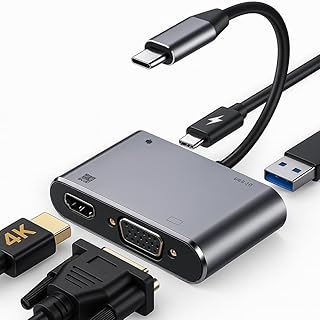 Kyrotech 4İN1 USB C HDMI VGA adaptörü, USB C hub, 4K HDMI, 1080P VGA, USB 3.0, USB C PD şarj, MacBook Pro/Air/iPad Pro 2018 / Dell XPS/Samsung Uyumlu