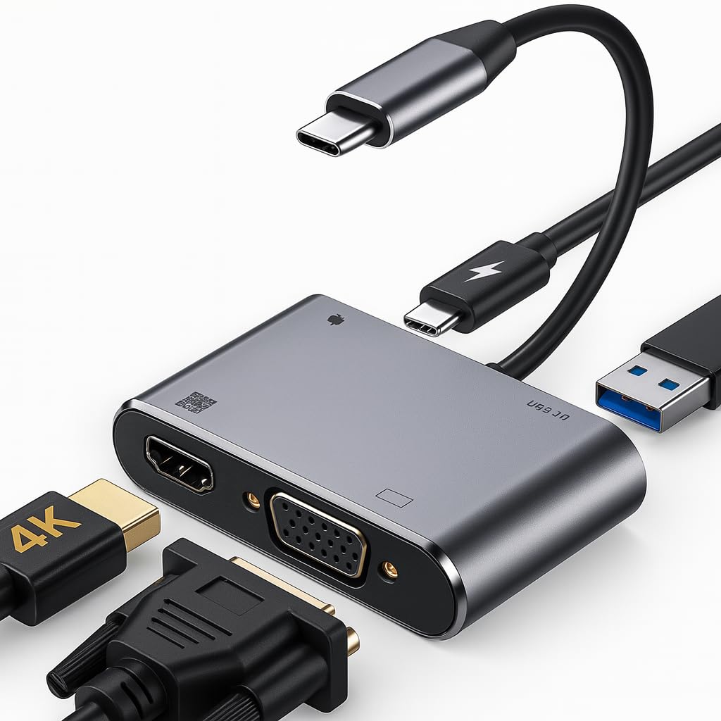 Kyrotech 4İN1 USB C HDMI VGA adaptörü, USB C hub, 4K HDMI, 1080P VGA, USB 3.0, USB C PD şarj, MacBook Pro/Air/iPad Pro 2018 / Dell XPS/Samsung Uyumlu