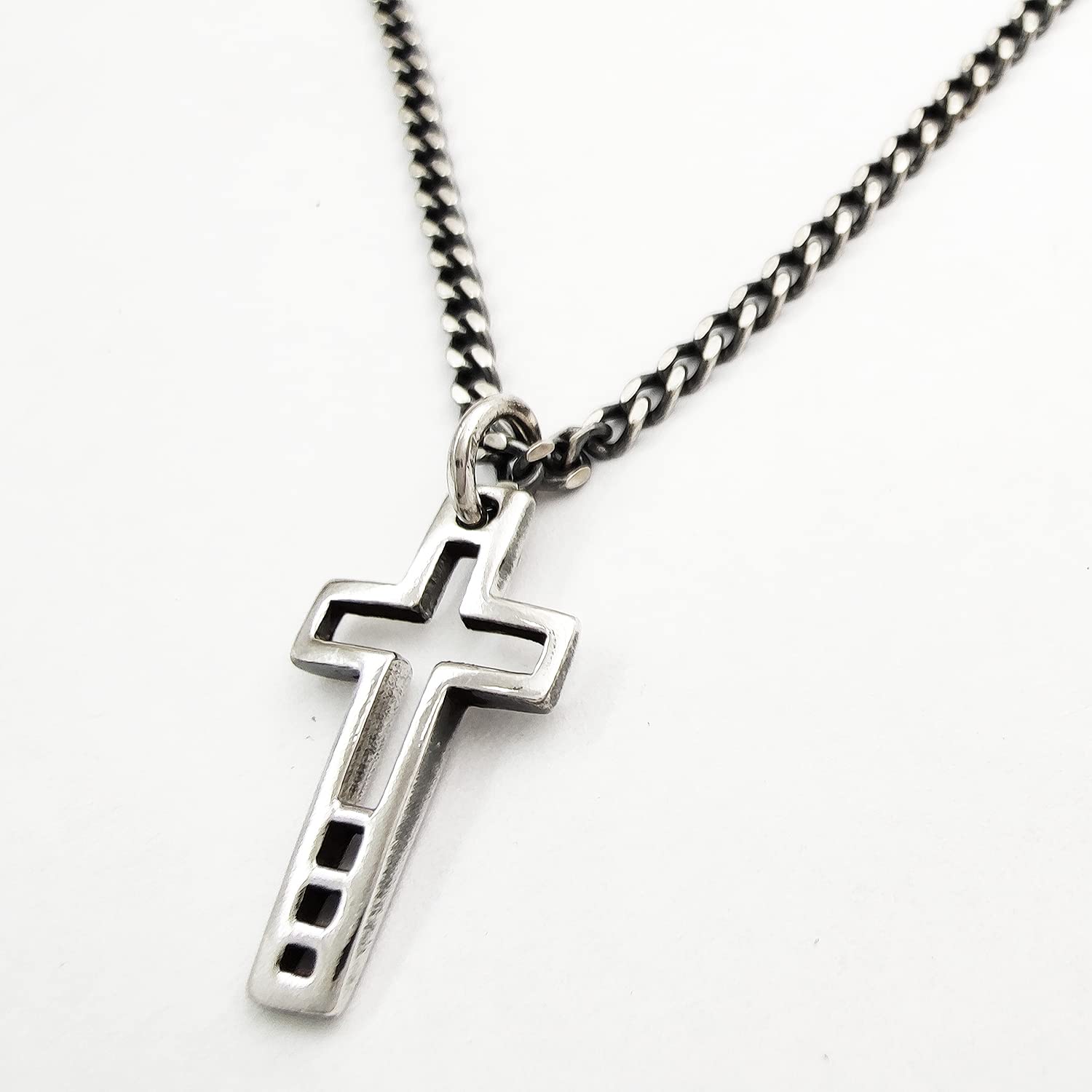 Collana girocollo da uomo ragazzo in argento 925 brunito,catena grumetta con pendente a forma di croce crocifisso