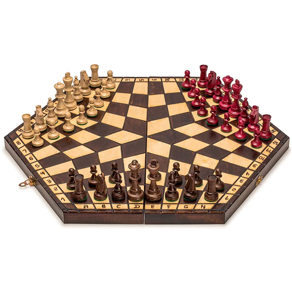 LANGWEI 3 Player Chess Set,Wooden Chess Set with Handmade Folding Travel Chess Board Game,Funny Educational Board Game for Kids and Adults,21.25in