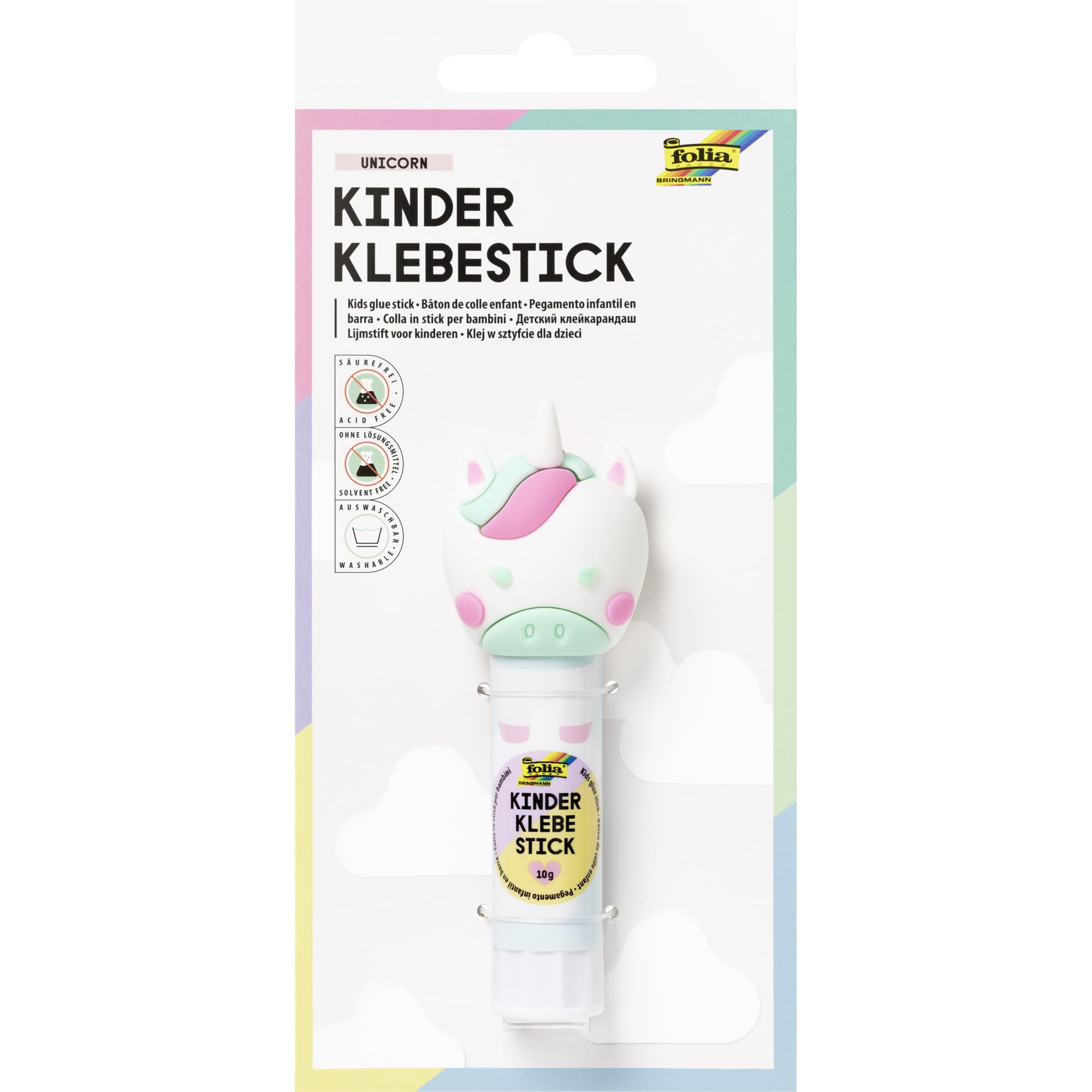 folia 2411 2411 Children's Unicorn Glue Stick, 10 g, Colourless Glue Stick with Unicorn Motif and 3D Cap, Acid and Solvent-Free, Child-Friendly Paper and Cardboard, Glue