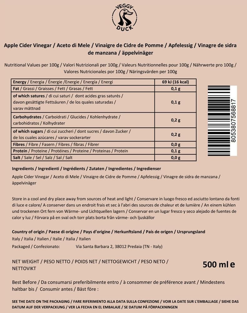 Vinagre de Sidra de Manzana Natural Italiano con la Madre 500ml Puro Sin Filtrar Sin Pasteurizar