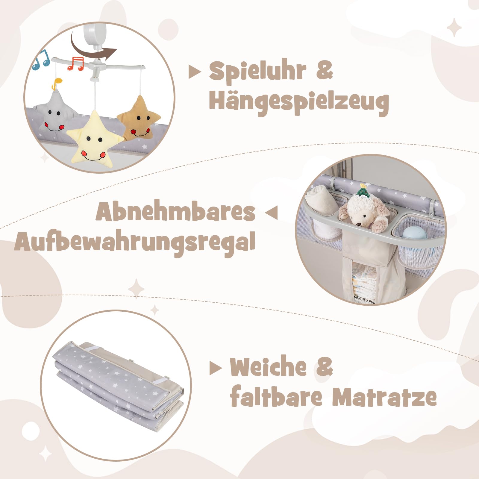 COSTWAY 5 in 1 Beistellbett klappbar, Reisebett mit Matratze, 2 Ebene Babybett mit Rollen, Spielbogen & Wickelauflage, Stubenwagen mit Tragetasche für Baby bis 3 Jahren (Beige)