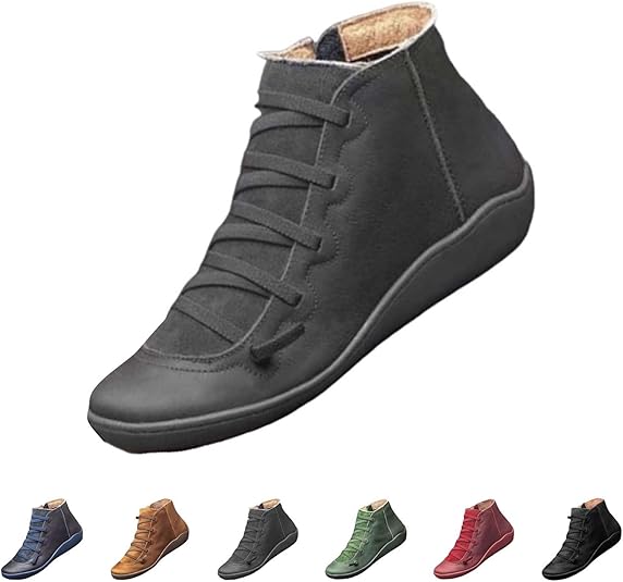 Bottines Plates Femme En Simili Cuir Imperméable - Style Rétro à Lacets Et Zip Latéral - Confortable Et Antidérapante