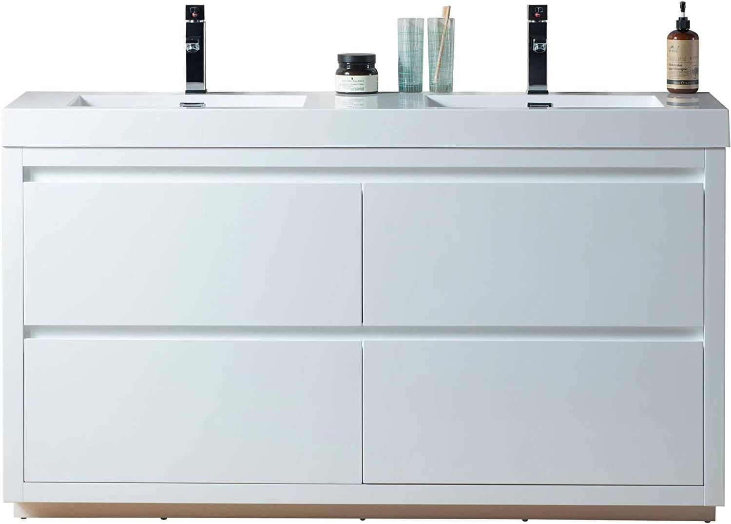 Vanity Art 60 Inches Single Sink Floor Standing Bathroom Vanity Set 2 Drawers Storage Cabinet with White Engineered Stone Top Undermount Rectangle Sink High-Glossy Finish VA6060WF